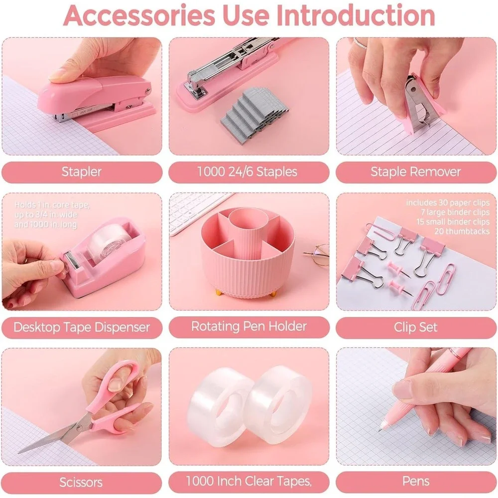 Pink Desk Accessories 10Pcs, Rotating Pen Holder for Desk, Stapler, Staple Remov